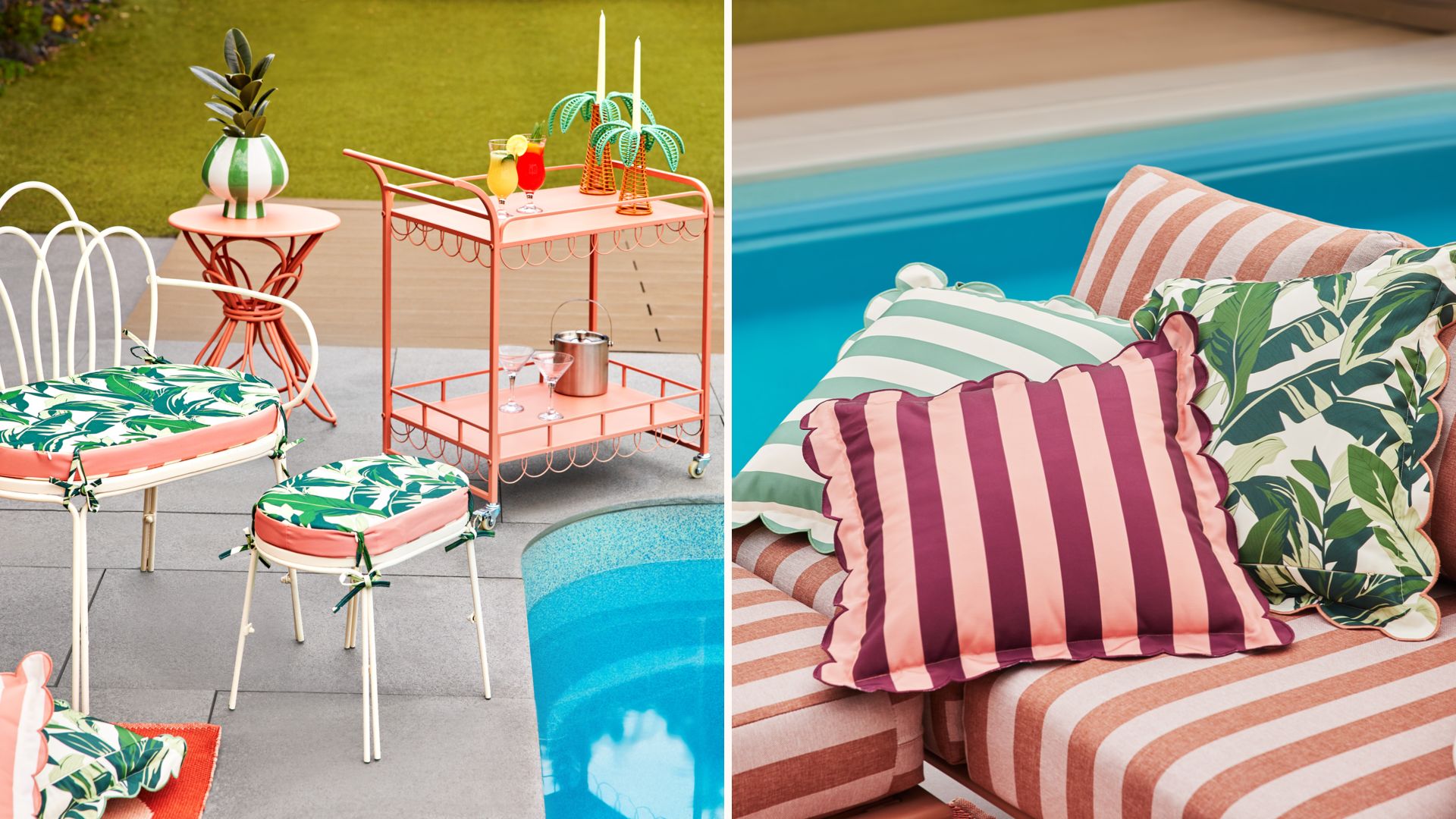 Spilt image of pink and green garden furniture and soft furnishings in a garden beside a pool