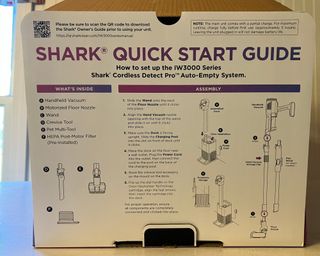 Shark Cordless Detect Pro Auto-Empty System vacuum cleaner quick start guide printed on inner side of cardboard box carton