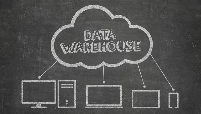 data warehouse cloud pointing down to different devices