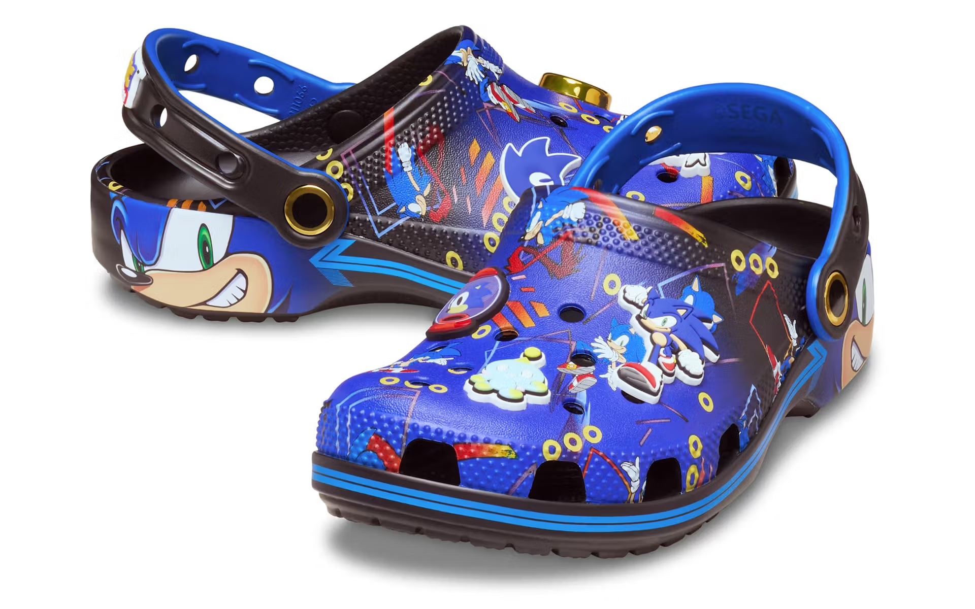 Sonic Crocs next to each other with the back shoe facing to the side whilst the front show is facing forward