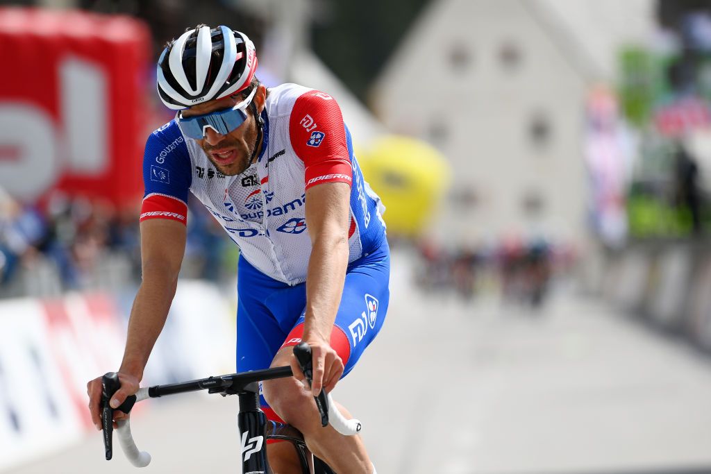 LIENZ AUSTRIA APRIL 21 Thibaut Pinot of France and Team Groupama FDJ reacts disappointed after cross the finishing line in second place during the 45th Tour of the Alps 2022 Stage 4 a 1424km stage from Villabassa to Kals am Grossglockner 1336m TouroftheAlps on April 21 2022 in Lienz Austria Photo by Tim de WaeleGetty Images