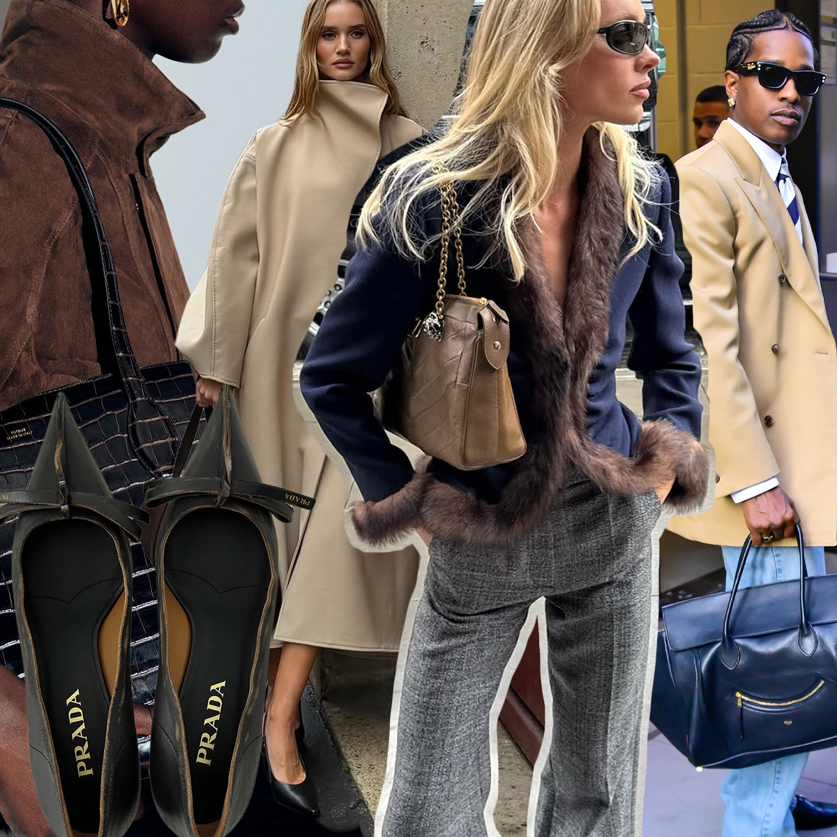 a collage of influencer and celebrity outfits featuring the best luxury fashion items for fall 2025