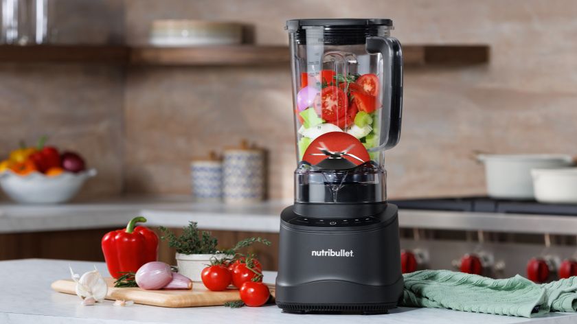 Nutribullet Power Core blender containing vegetables on kitchen counter