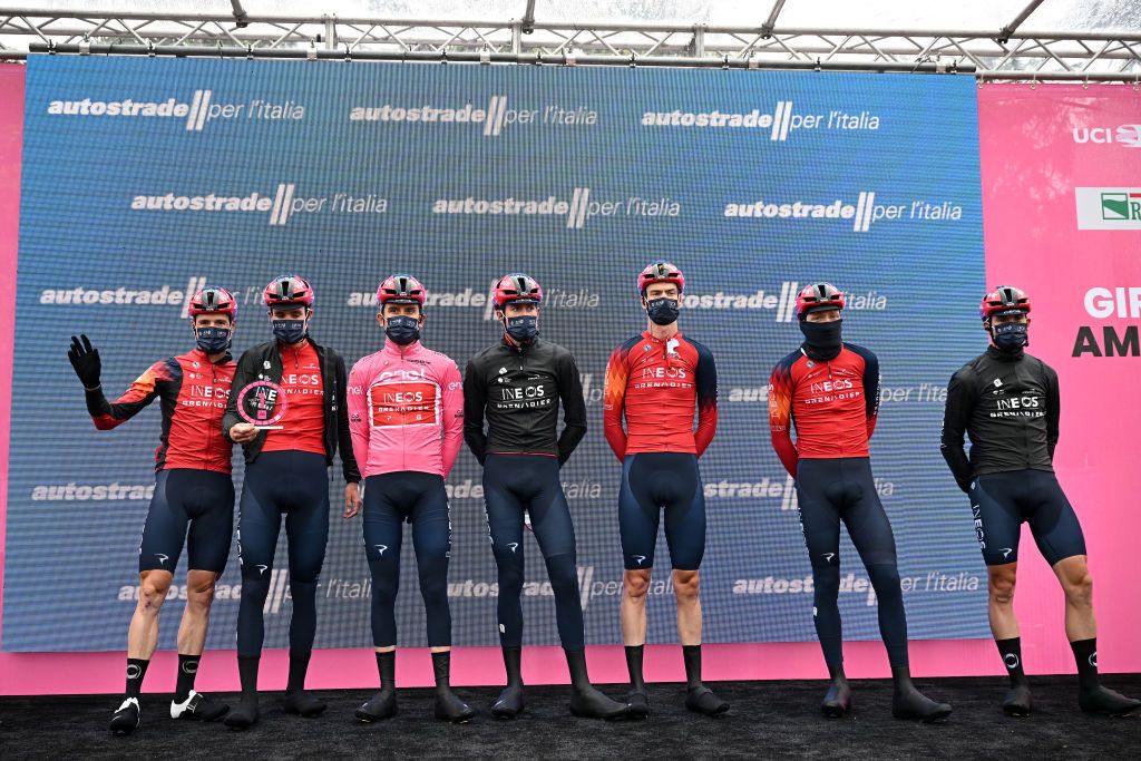 SCANDIANO ITALY MAY 16 A general view of Tao Geoghegan Hart of The United Kingdom Thymen Arensman of The Netherlands Laurens De Plus of Belgium Salvatore Puccio of Italy Pavel Sivakov of France Ben Swift of The United Kingdom Geraint Thomas of The United Kingdom Pink Leader Jersey and Team INEOS Grenadiers prior to the 106th Giro dItalia 2023 Stage 10 a 196km stage from Scandiano to Viareggio UCIWT on May 16 2023 in Scandiano Italy Photo by Stuart FranklinGetty Images