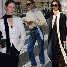 fashion collage featuring three European style influencers Annabelle Rosendahl, Anne-Laure Mais, and Ilirida Krasniqi wearing chic outfits with trending skinny scarves