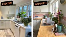 Collage of my kitchen counters with left side showing white painted counters and right side showing wood effect contact paper wrapping on counters