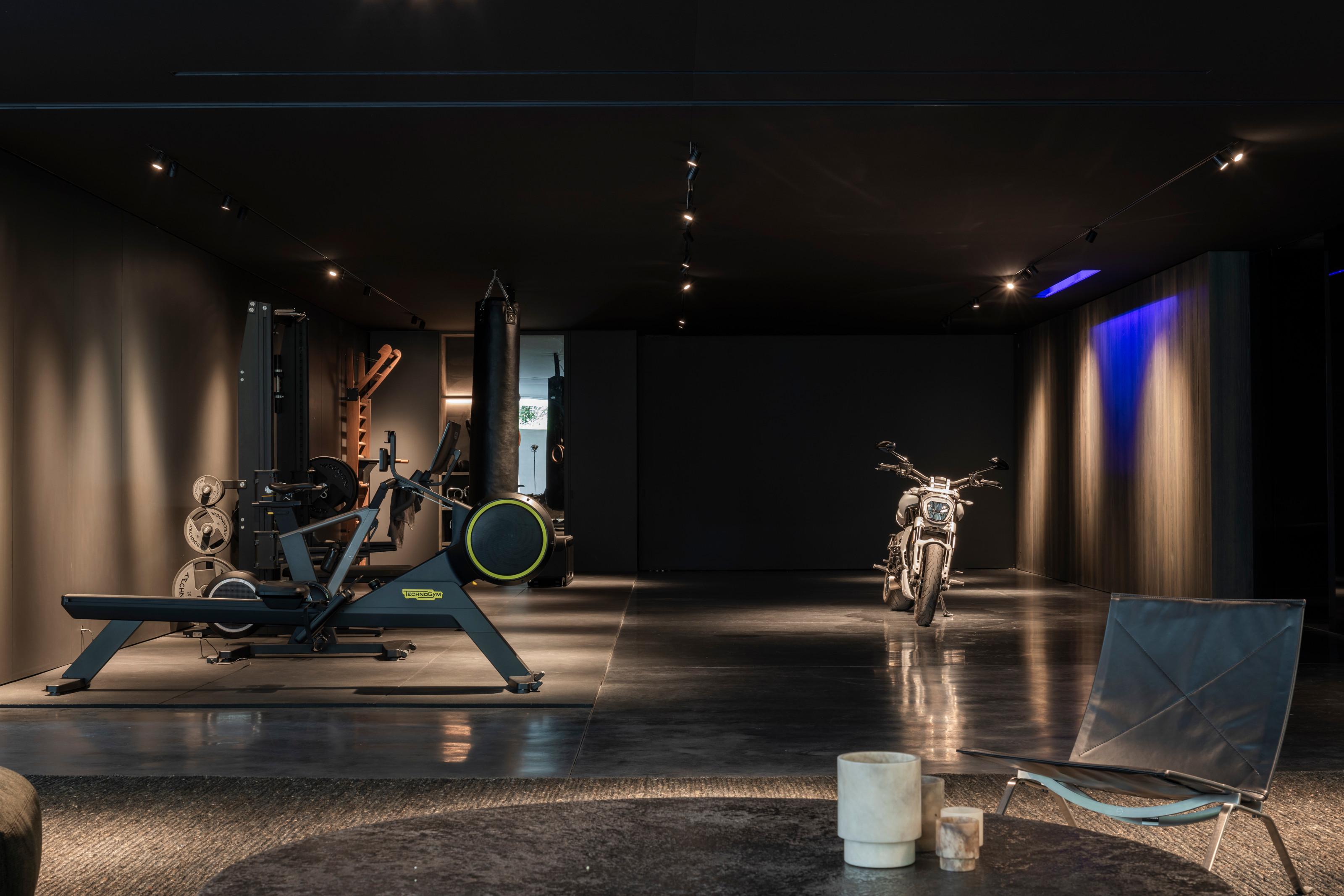 The basement contains a gym and bike storage