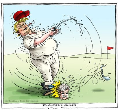 Political Cartoon U.S. Trump John Bolton impeachment golfing backfire club broken