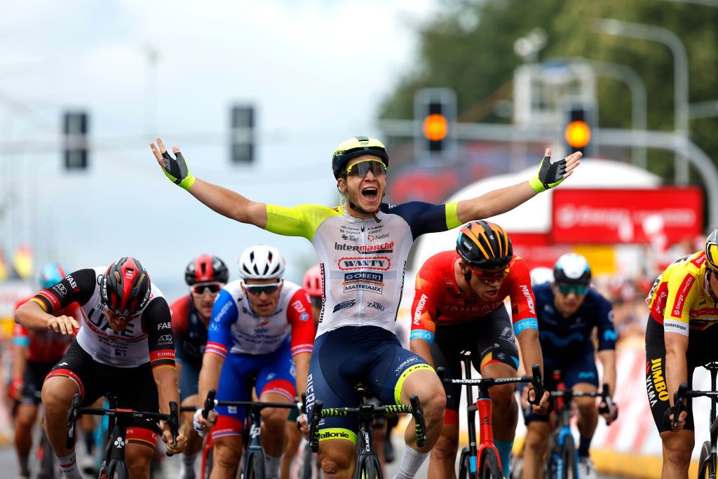 ZAMOSC POLAND JULY 31 Gerben Thijssen of Belgium and Team Intermarch Wanty Gobert Matriaux celebrates at finish line as stage winner during the 79th Tour de Pologne 2022 Stage 2 a 2056km stage from Chem to Zamo TdP22 WorldTour on July 31 2022 in Zamosc Poland Photo by Bas CzerwinskiGetty Images
