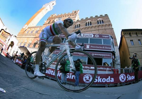 Filippo Pozzato (Katusha) crosses the finish in Siena's Piazza del Campo.