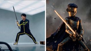 A man is motion captured and a render of a robot