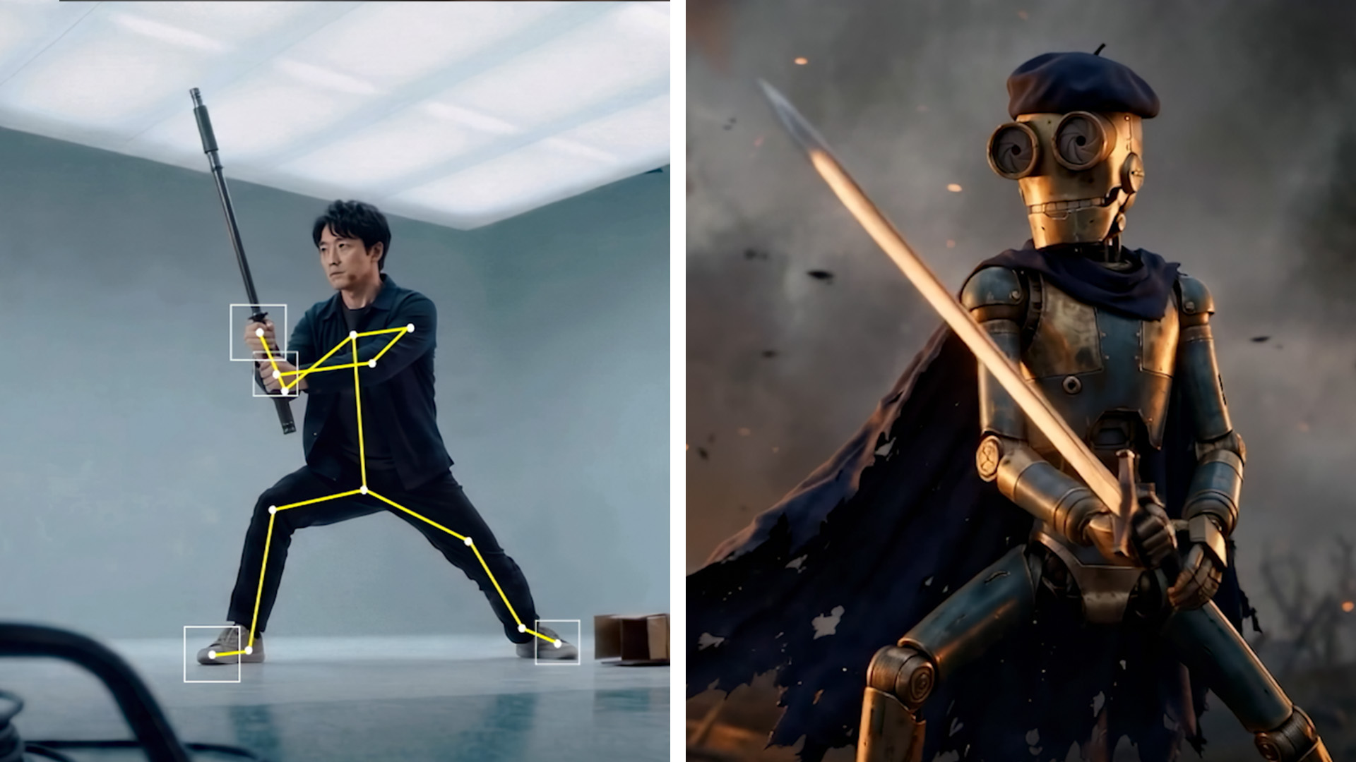 A man is motion captured and a render of a robot