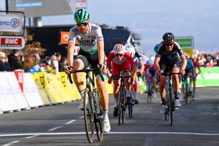 Max Schachamann (Bora-Hansgrohe) leads Guillaume Martin (Cofidis) and Tiesj Benoot (Team DSM) over the line on stage 4 of Paris-Nice 2021 Chiroubles