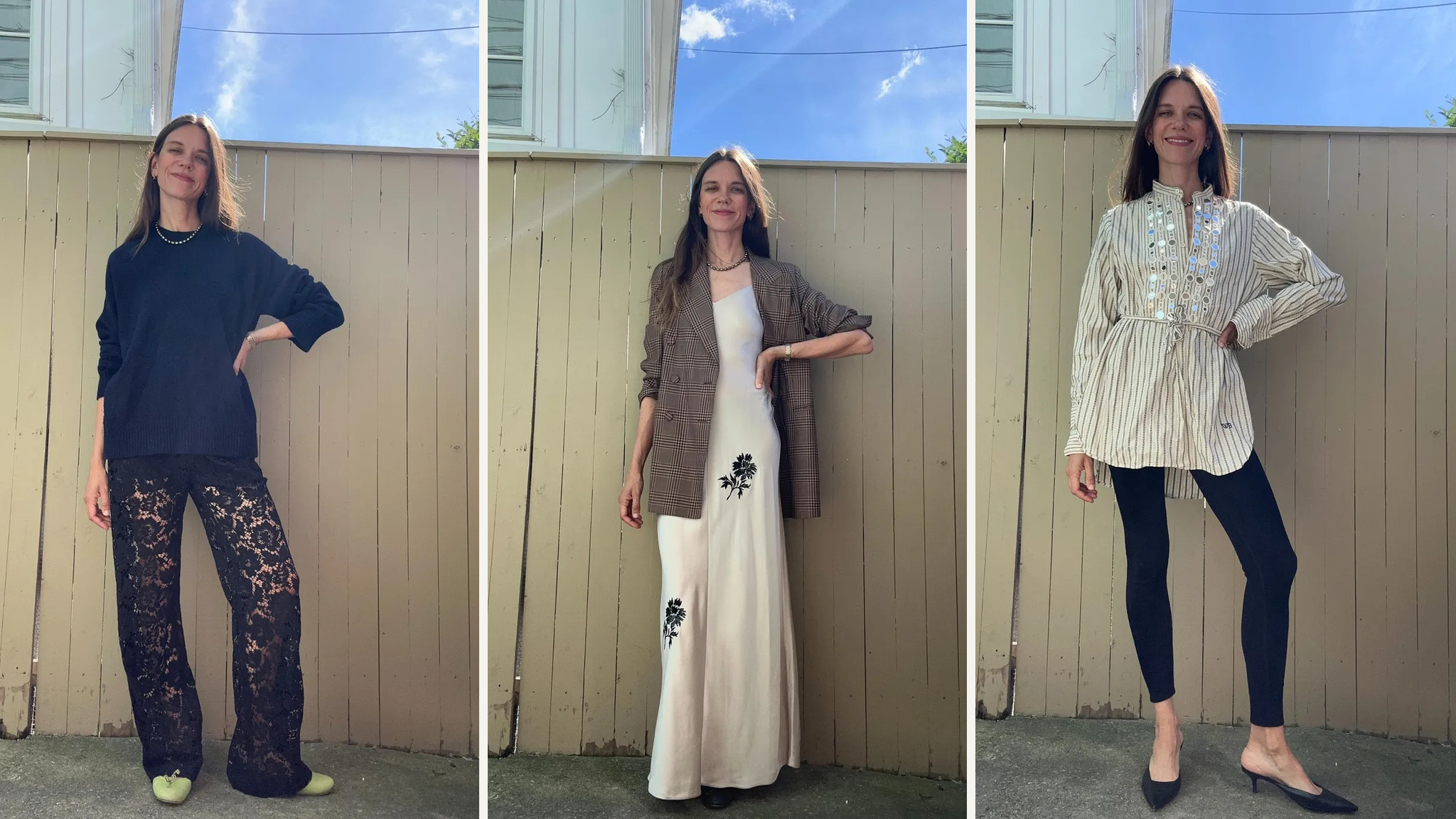 Three Style at Large outfit ideas featuring black lace trousers with a navy sweater, a floral ivory slip dress layered under a plaid blazer, and black leggings with an embellished striped tunic.