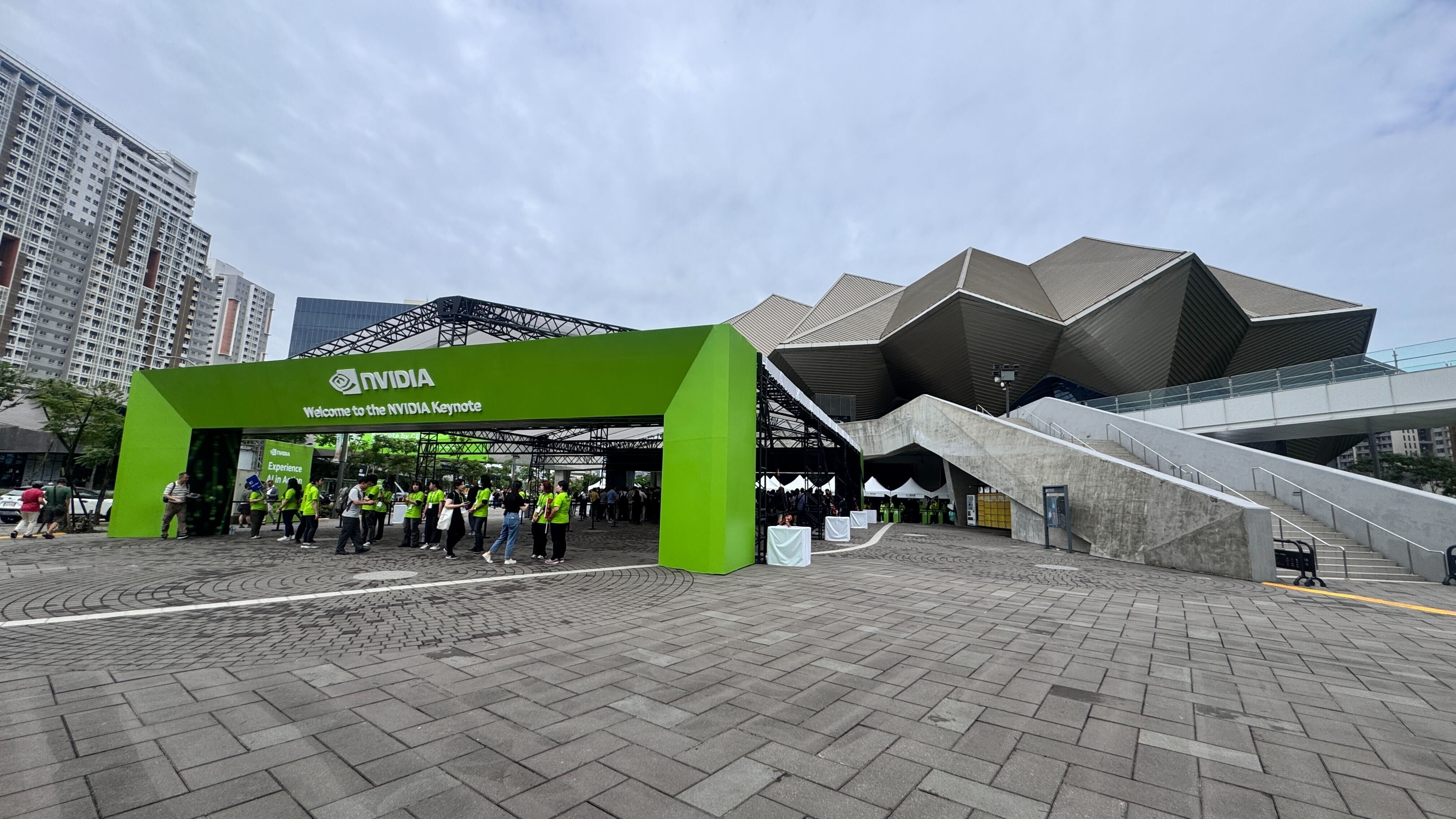 Entrance of Nvidia Keynote at Computex 2025 in Taipei with green entrance way
