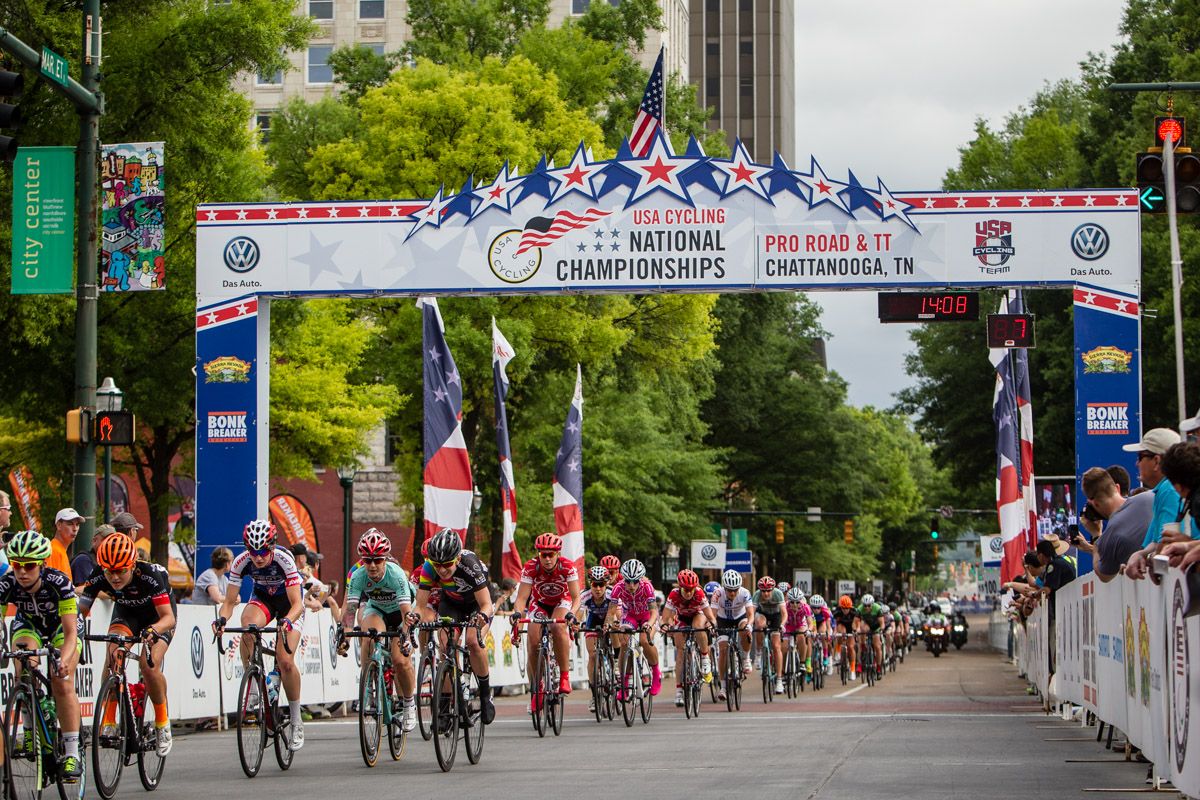 The women get strung out coming through the finish.