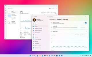 Windows 11 Battery settings page and Task Manager Performance tab on the desktop.