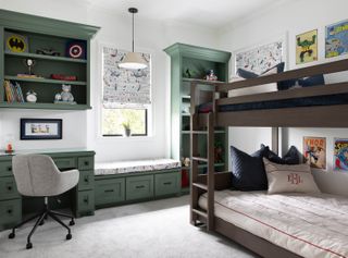 boys bedroom with bunk beds and green built in shelves