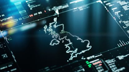 UK tech map with Great Britain and Northern Ireland pictured on a screen.