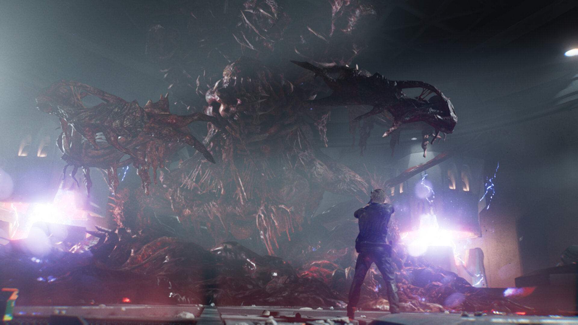 Leon fighting a mutated Dr Gideon in the Destroy Elpis ending of Resident Evil Requiem