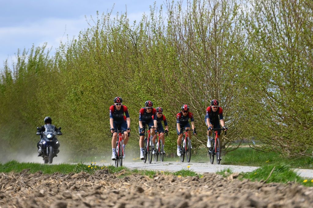 ROUBAIX FRANCE APRIL 14 Cameron Wurf of Australia Dylan Van Baarle of Netherlands Magnus Sheffield of United States Ben Turner of United Kingdom Luke Rowe of United Kingdom and Michal Kwiatkowski of Poland and Team INEOS Grenadiers during the 119th ParisRoubaix 2022 Training ParisRoubaix WorldTour on April 14 2022 in Roubaix France Photo by Tim de WaeleGetty Images