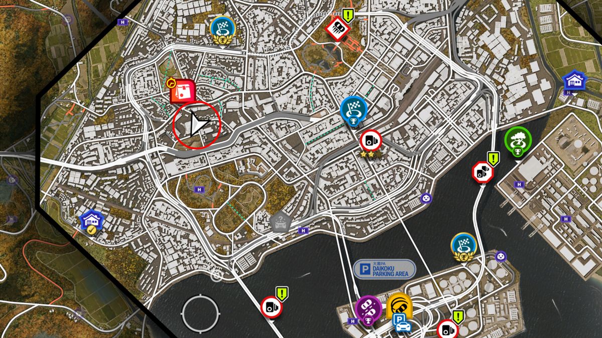 Forza Horizon 6: A map with a red circle showing the location of the Tokyo Tower.