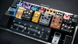 Pedalboard with lots of different stompboxes and multi-switcher