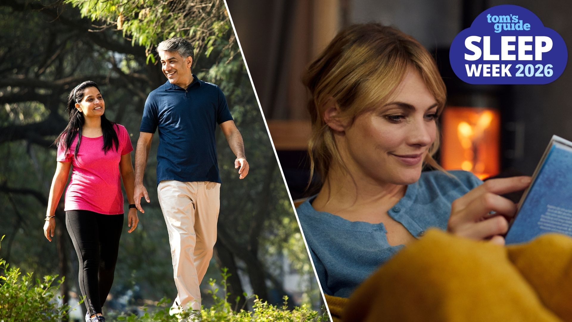 A split screen featuring an image of a happy couple walking outdoors in the morning sunlight to wake themselves up. To the right, another image features a woman relaxing by reading a book in a dimly-lit room to help her sleep. 