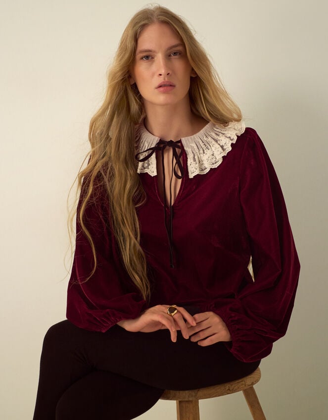 Monsoon X Queens of Archive Phoebe Lace Collar Velvet Top&amp;#8203; Red