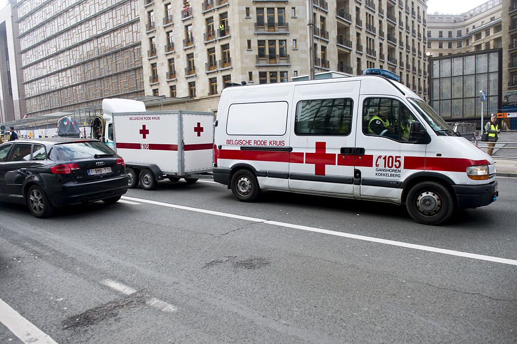 Belgian emergency staff arrive at the Wetstraat - Rue de la Loi.