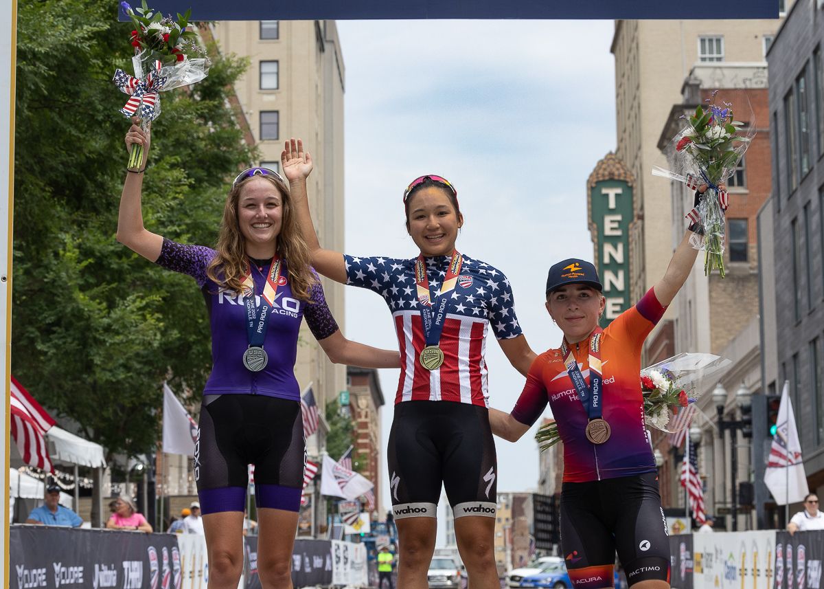 U23 women's podium: Zoe Ta-Perez (LUX-CTS p/b Specialized), Marjie Bemis (Roxo Racing) 2nd, and Kaia Schmid (Human Powered Health) 3rd.