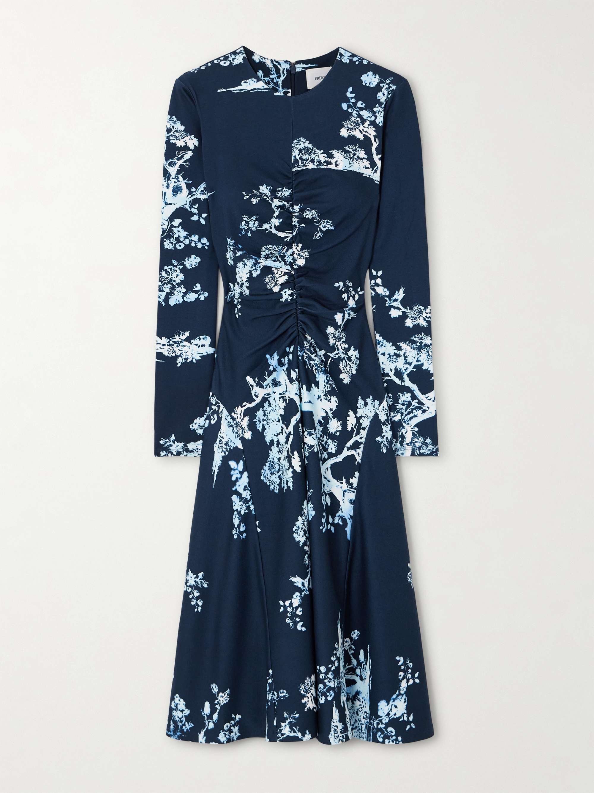 Gathered Printed Ponte Midi Dress
