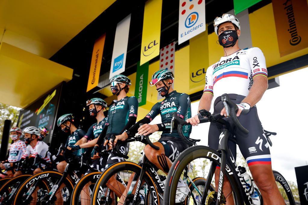 PONTIVY FRANCE JUNE 28 Peter Sagan of Slovakia and Team BORA Hansgrohe and teammates at start during the 108th Tour de France 2021 Stage 3 a 1829km stage from Lorient to Pontivy Team Presentation LeTour TDF2021 on June 28 2021 in Pontivy France Photo by Chris GraythenGetty Images