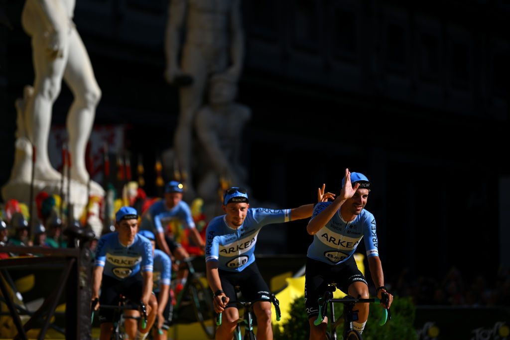 FIRENZE ITALY JUNE 27 Cristian Rodriguez Martin of Spain and Team Arkea BB Hotels with the Michelangelos David statue in the background during the 111th Tour de France 2024 Team Presentation UCIWT on June 27 2024 in Firenze Italy Photo by Dario BelingheriGetty Images