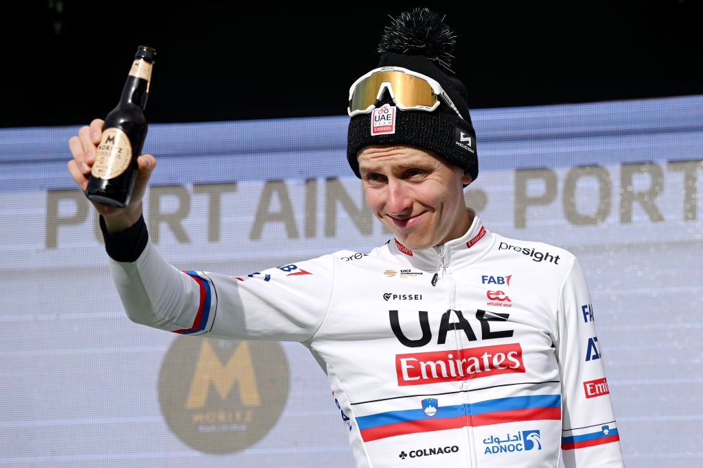 PORT AINE SPAIN MARCH 20 EDITORS NOTE Alternate crop Tadej Pogacar of Slovenia and UAE Emirates Team celebrates at podium as stage winner during the 103rd Volta Ciclista a Catalunya 2024 Stage 3 a 1767km stage from Sant Joan de les Abadesses to Port Aine 1967m UCIWT on March 20 2024 in Port Aine Spain Photo by David RamosGetty Images