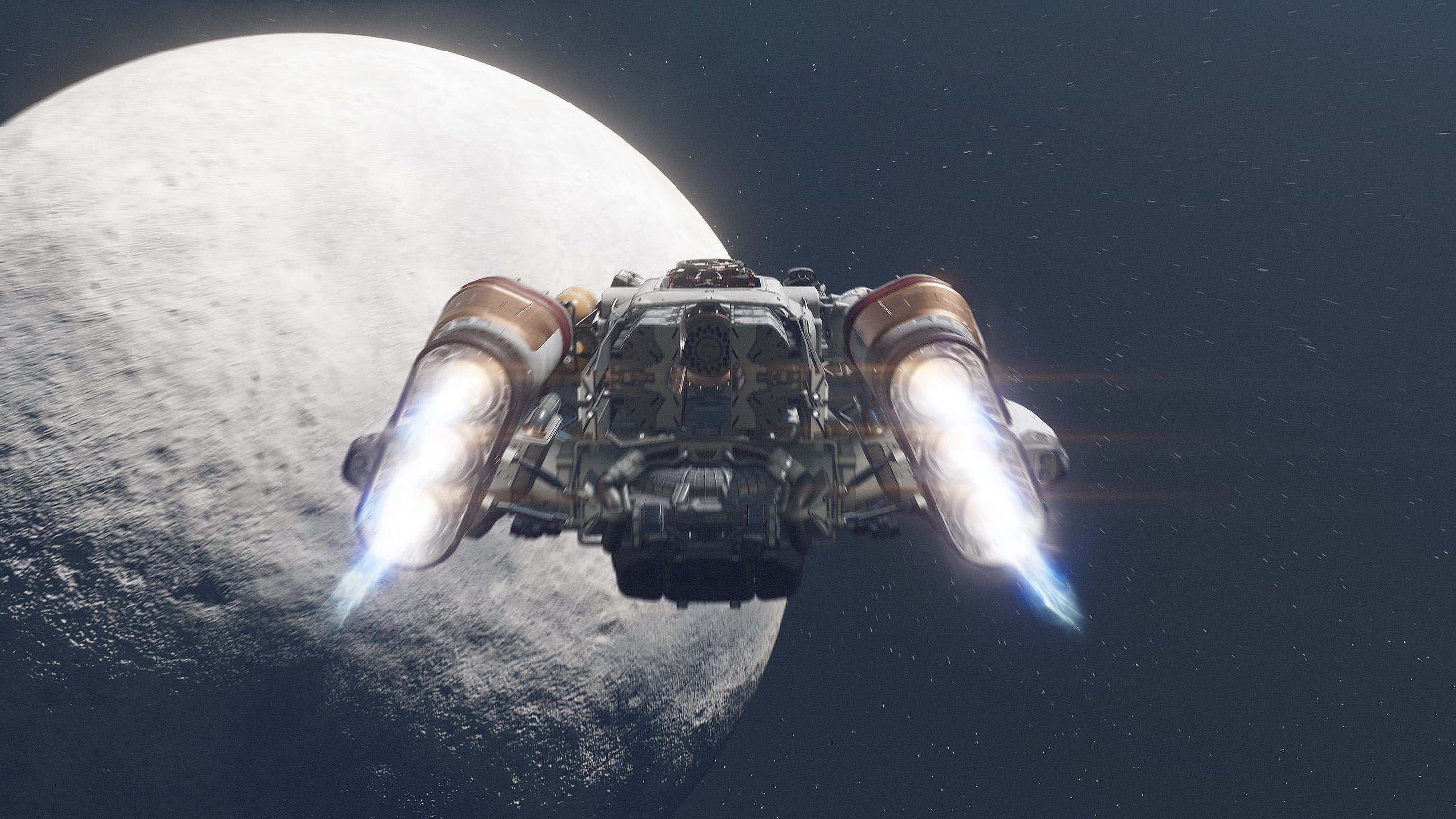 Starfield: Nave cerca de una luna.