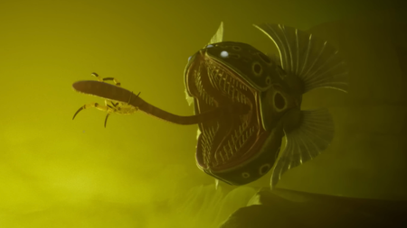 Fish with three rows of teeth deploys its tongue to capture a crab
