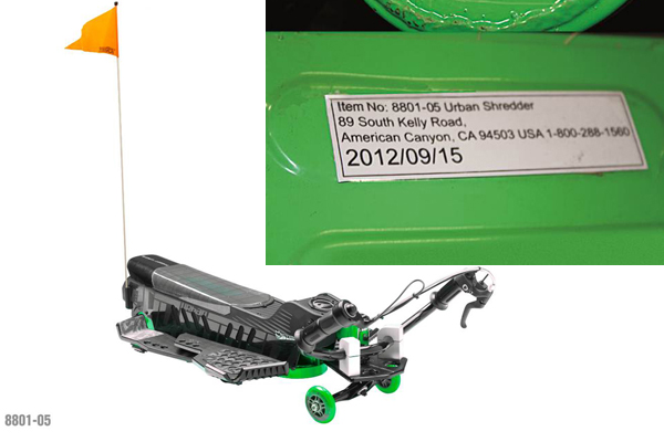 Urban Shredder ride-on toy with Model and Manufacturer Date.