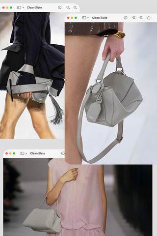 a collage of runway images depicting the bag color trend spring 2025 slate gray in Alexander McQueen, Loewe, and Khaite's collections