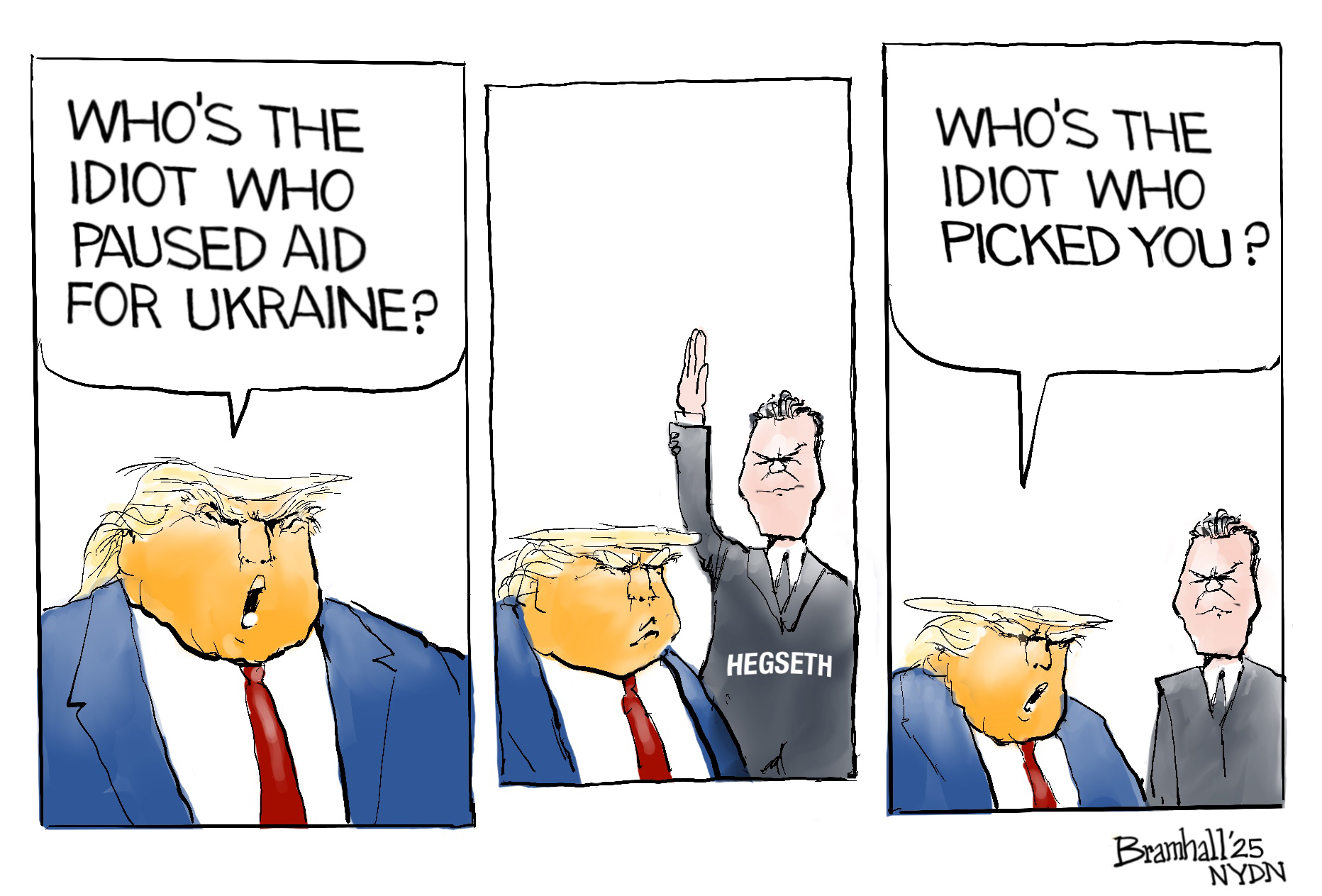 This is a three panel political cartoon. In the first panel, an angry Donald Trump shouts, “Who’s the idiot who paused aid for Ukraine?” The next panel shows Pete Hegseth raising his hand. In the final panel, Trump says, “Who’s the idiot who picked you?”