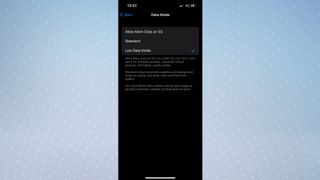 iOS Settings app data mode menu