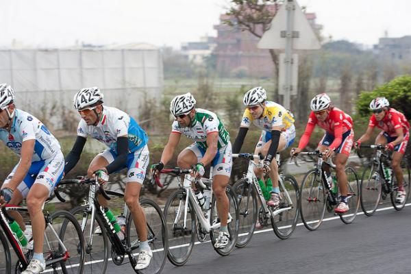 General classification leader Markus Eibegger, in yellow, amongst the bunch