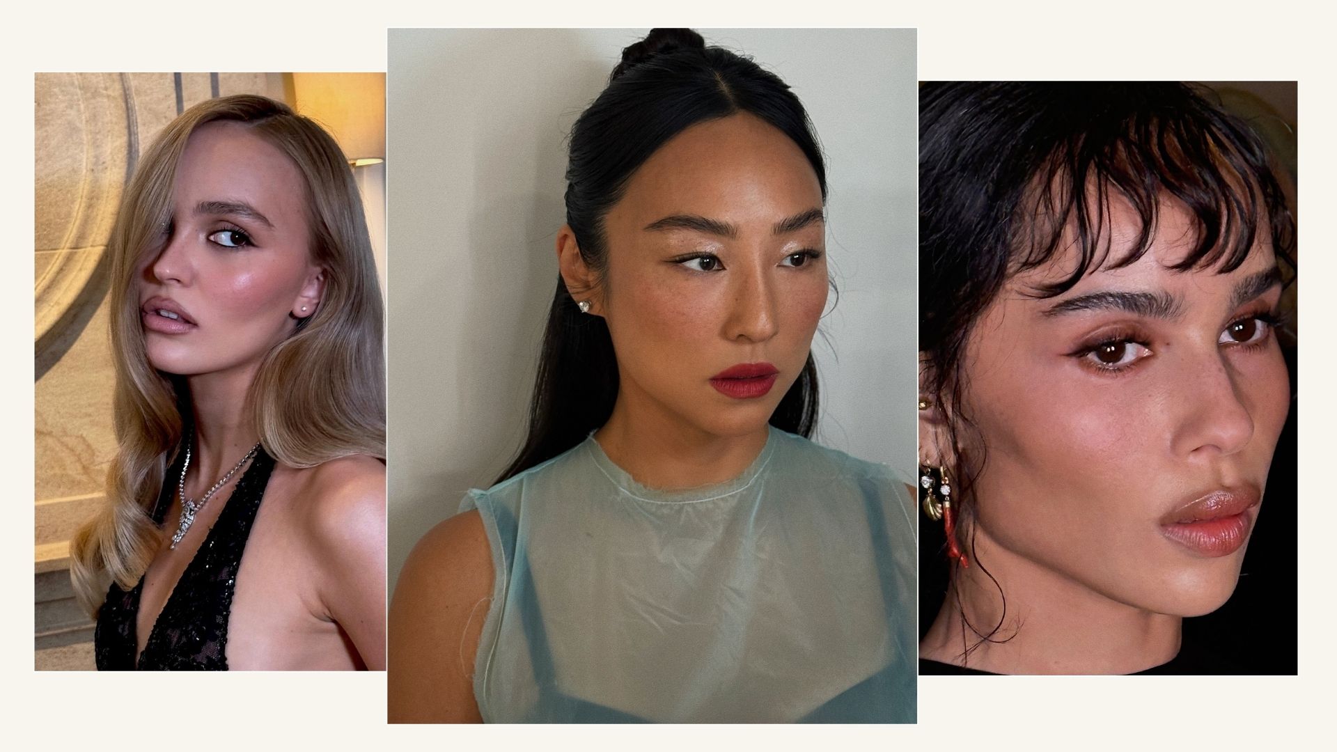 A collage of Lily Rose Depp, Great Lee and Zoe Kravitz wearing winged eyeliner