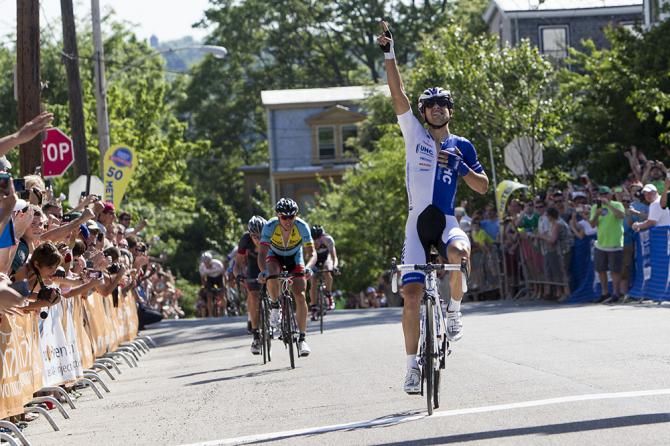 Kiel Reijnen (UnitedHealthcare) points to the sky and holds his hand over his chest as his wife always tells him to race with his heart