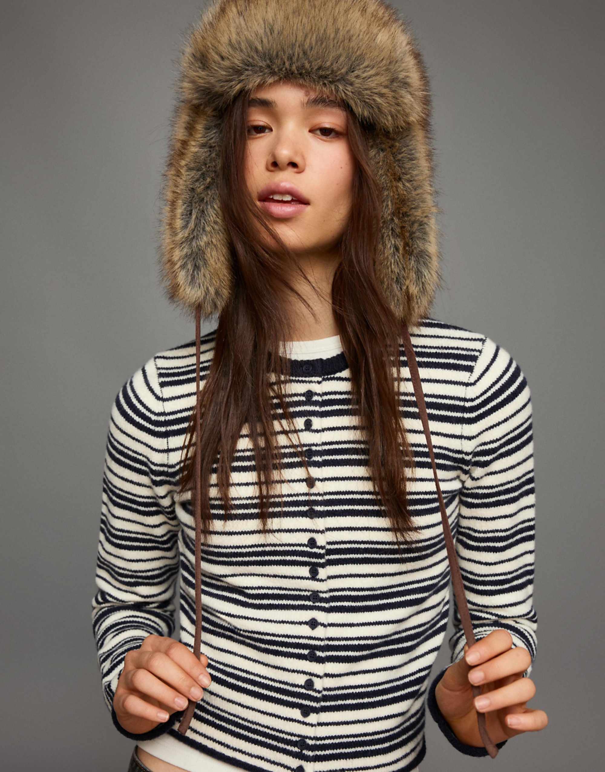 Bershka Faux Fur Beanie in Stone