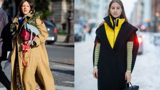 composite image of women showing how to style a gilet with a winter coat in street style snaps