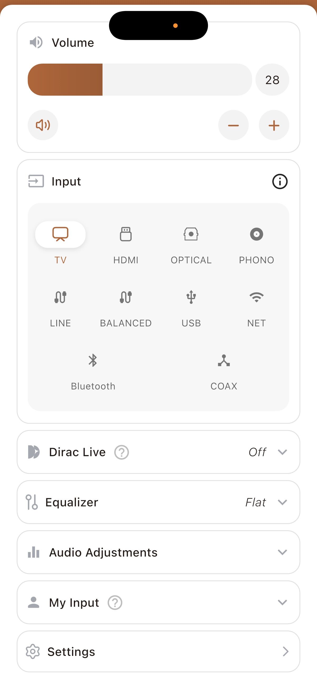 All the inputs are selectable from the app's front page