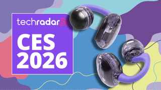 JBL Soundgear Clips in purple, on TechRadar's CES 2026 poster background, with blue, purple and yellow splashes of color 