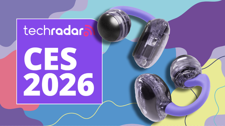 JBL Soundgear Clips in purple, on TechRadar's CES 2026 poster background, with blue, purple and yellow splashes of color