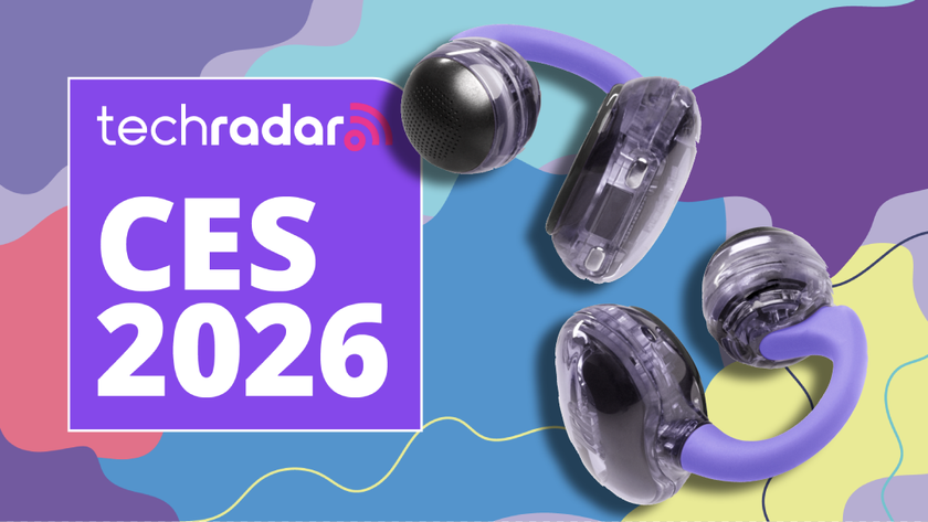 JBL Soundgear Clips in purple, on TechRadar's CES 2026 poster background, with blue, purple and yellow splashes of color 